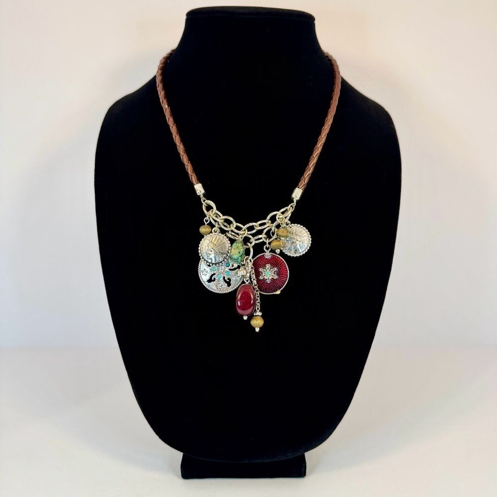 Brown Braided Charm Necklace | Rustic Boho Western Statement Jewelry
